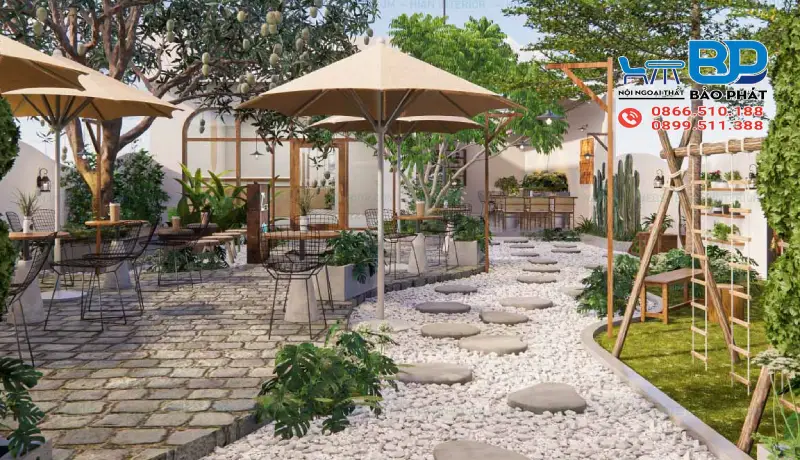 Thiết kế quán cafe sân vườn 200m2 tận dụng yếu tố thiên nhiên thân thuộc