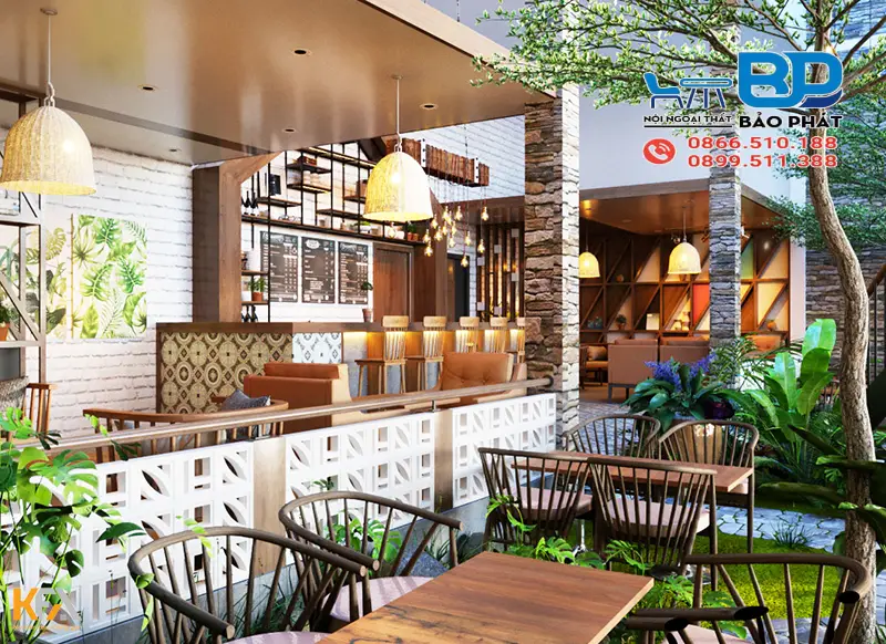 Thiết kế quán cafe sân vườn diện tích nhỏ phong cách tối giản hiện đại