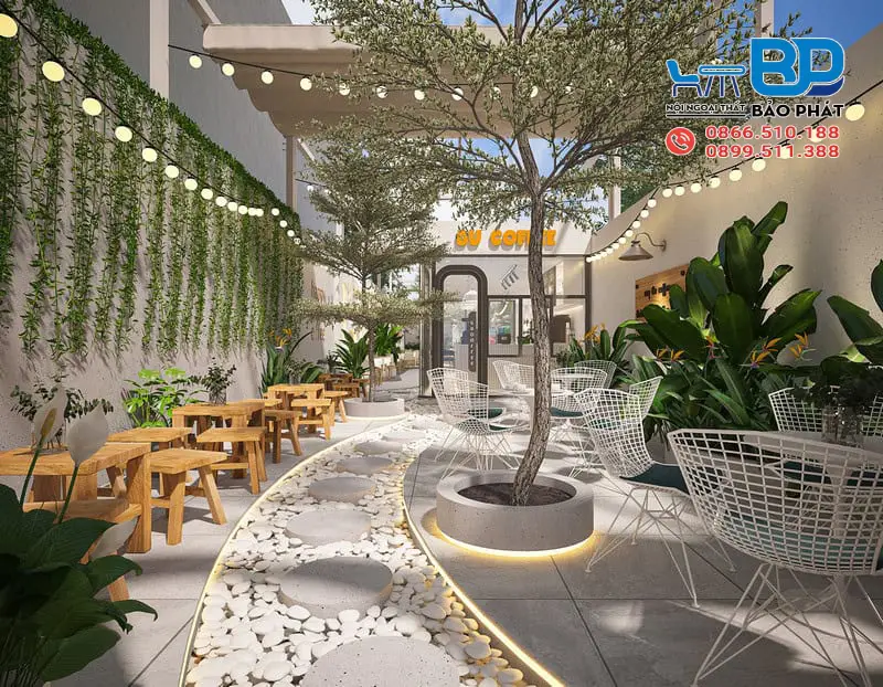 Thiết kế quán cafe sân vườn diện tích nhỏ phong cách nhiệt đới (tropical) gần gũi