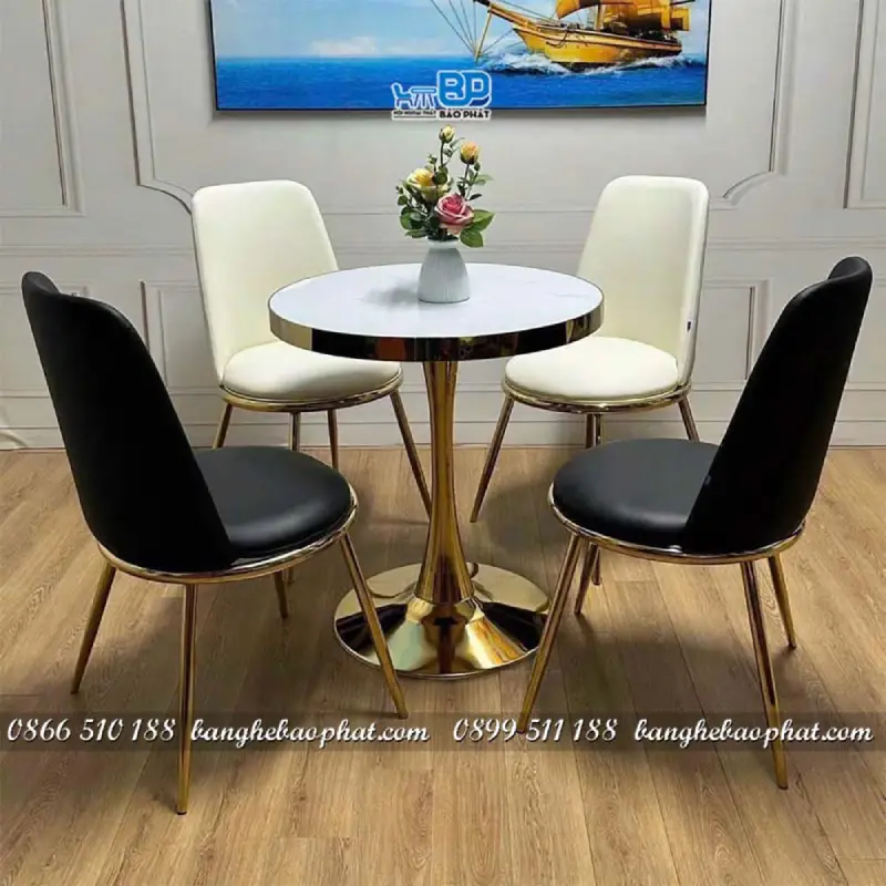 Bàn ăn nhà hàng chân tulip inox mạ vàng