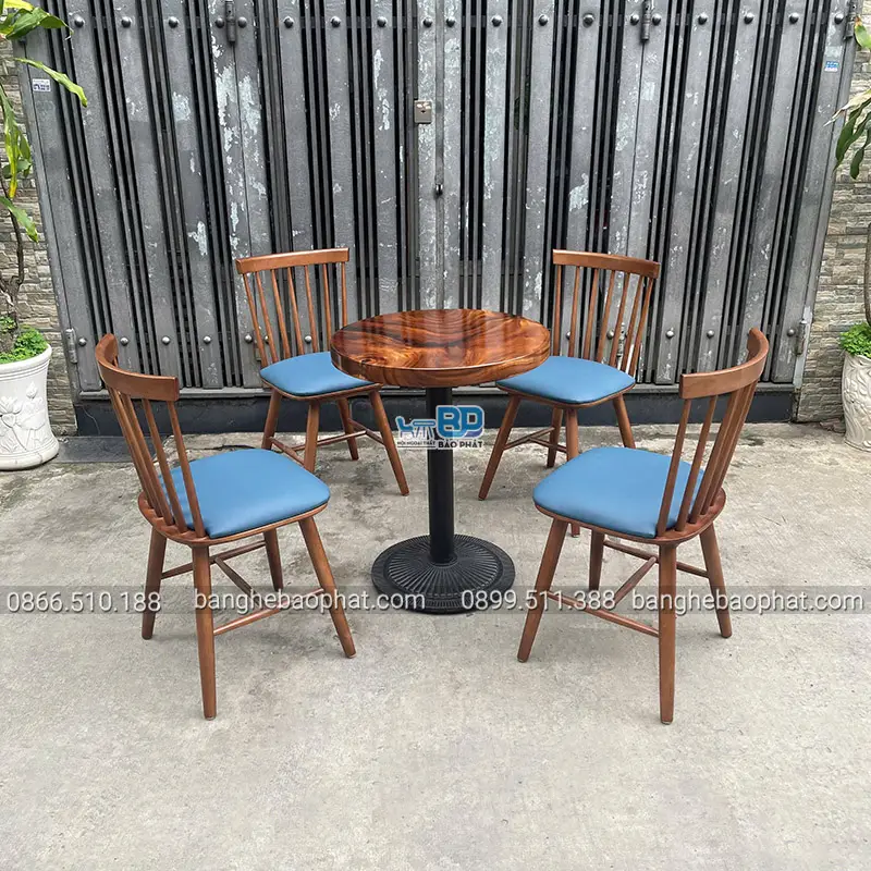 Bàn ghế Vintage cho quán trà sữa cổ điển ghế 7 nan bọc nệm