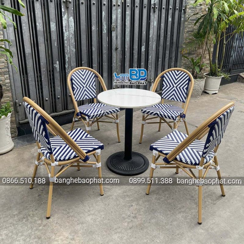 Bộ bàn ghế nhựa giả mây ngoài trời khung nhôm BGNGMBP096 mặt đá Ceramic