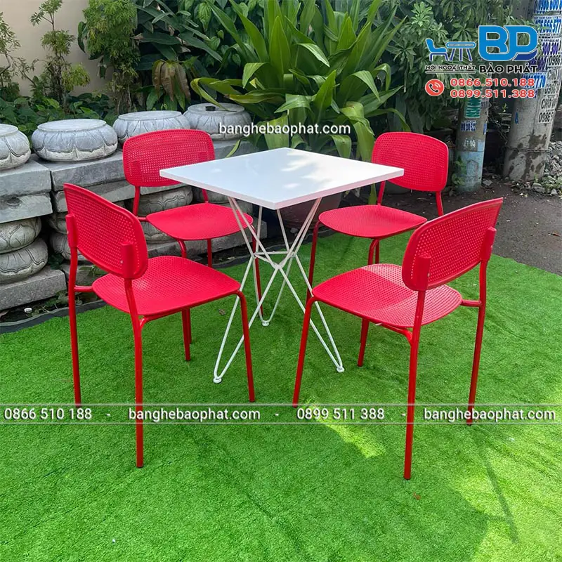 Ghế nhựa đỏ cafe chân sắt TB