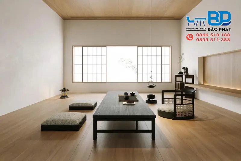 Không gian tối giản với bàn ghế ngồi bệt