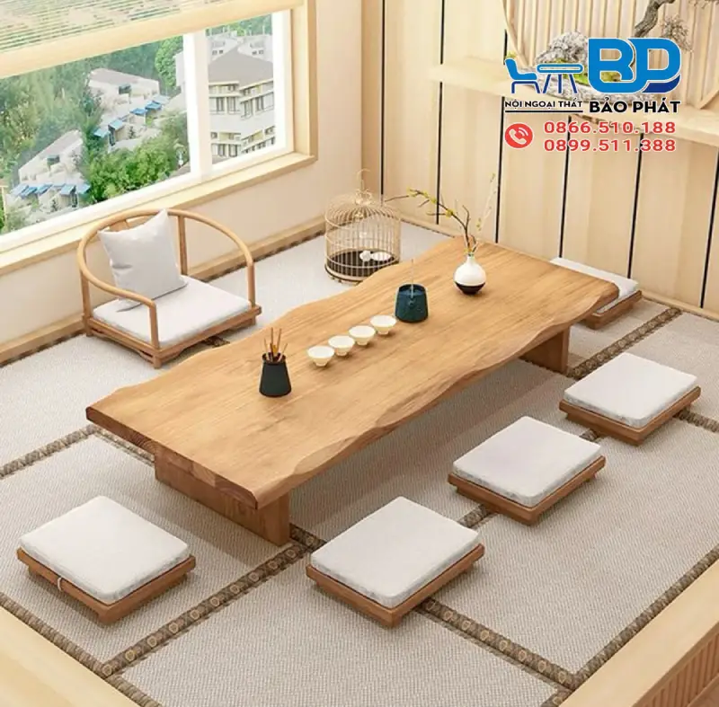 Mẫu bàn trà gỗ thấp kết hợp đệm ngồi bệt phong cách Nhật Bản tối giản
