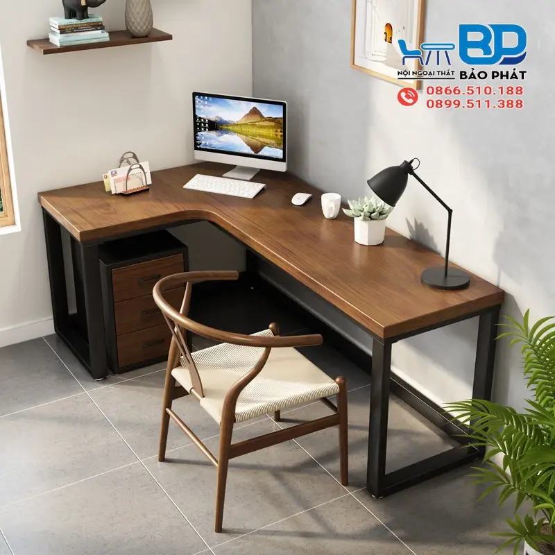 Bàn làm việc gỗ tự nhiên chữ L bền bỉ