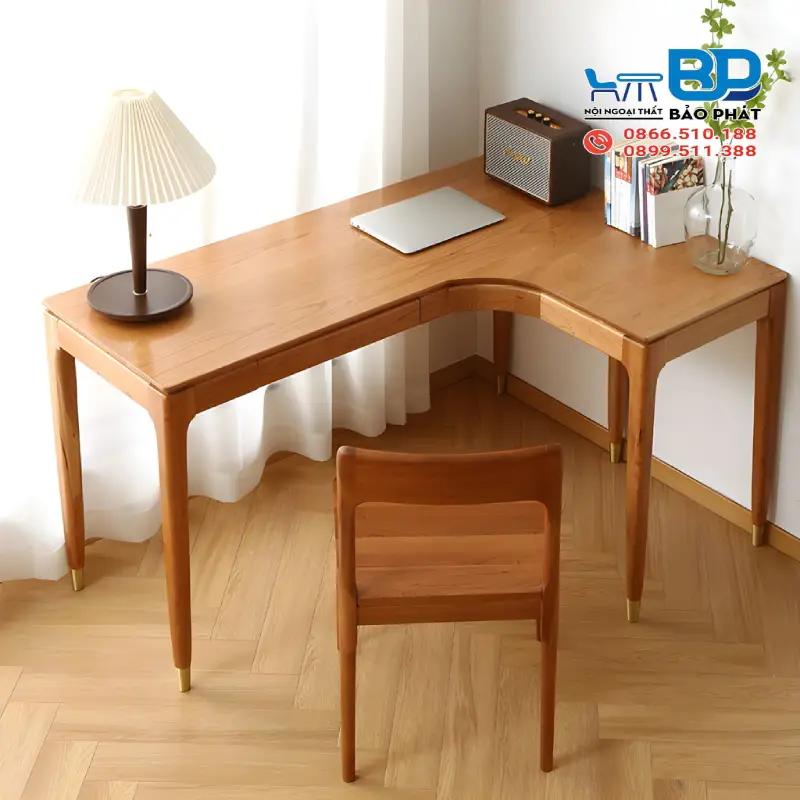 Bàn làm việc gỗ tự nhiên chữ L tiện dụng