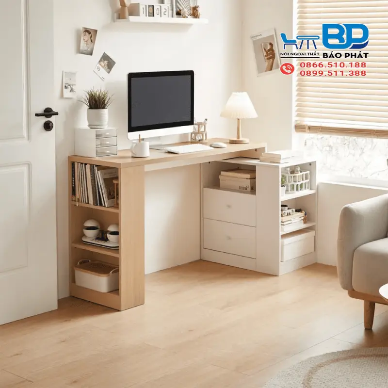Bàn làm việc tại nhà nhỏ gọn kết hợp kệ sách