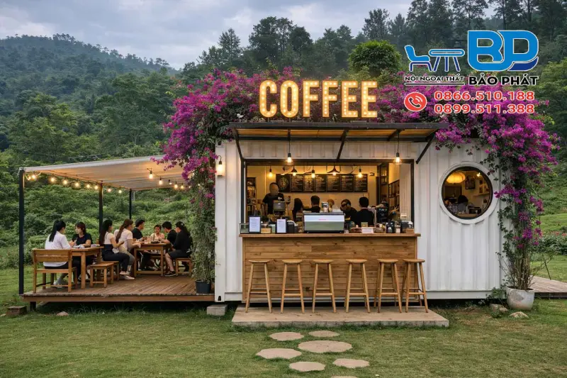 Mẫu thiết kế quán cà phê container kết hợp sân vườn
