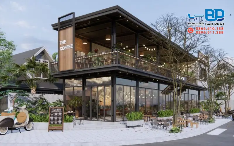 Mô hình quán cafe hai tầng mặt tiền 10m