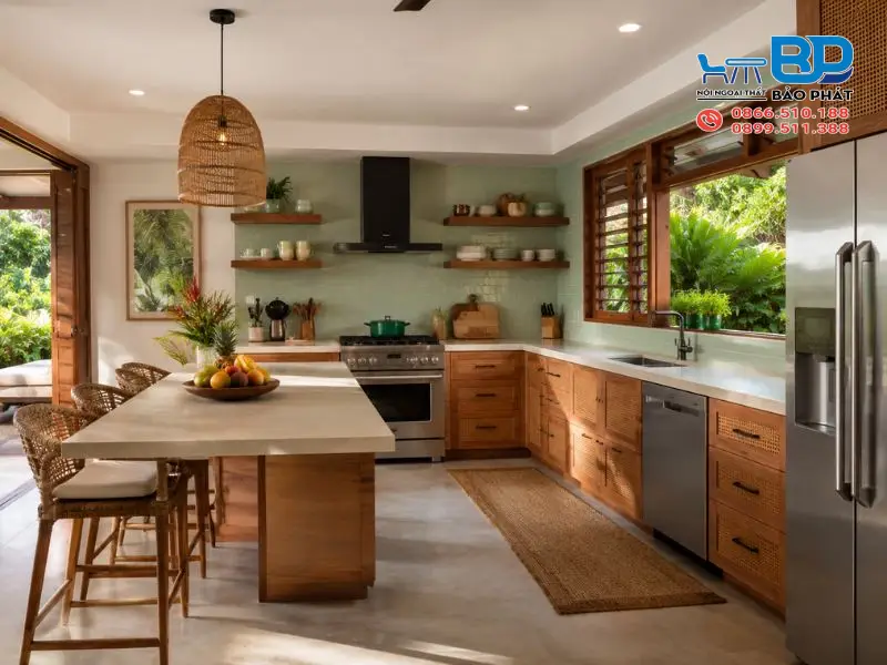 Phòng bếp phong cách Tropical thông thoáng, tiện nghi
