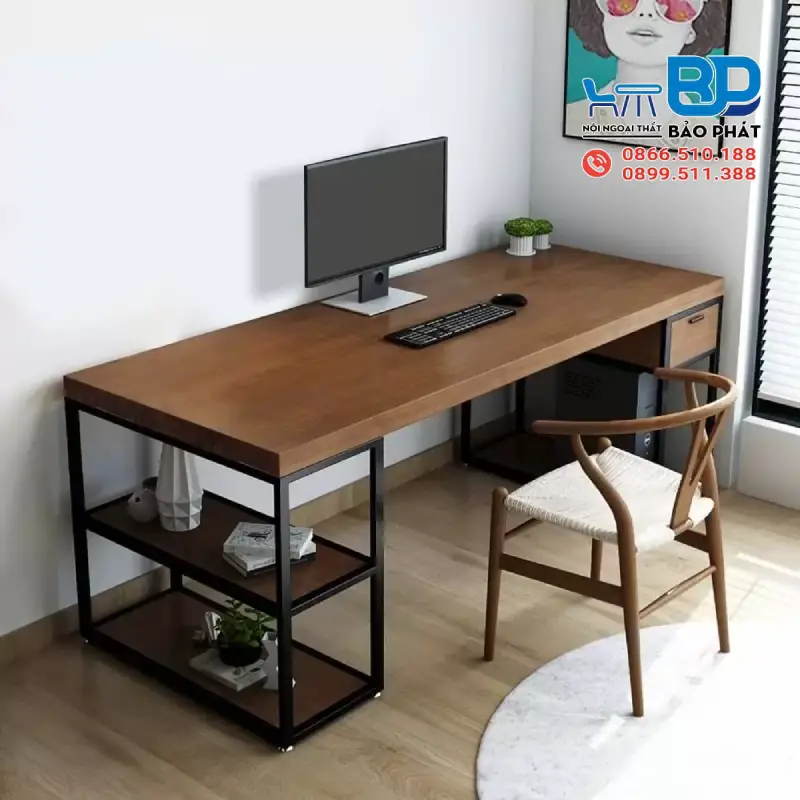 Phòng làm việc tại nhà nổi bật với bàn làm việc gỗ tự nhiên 1m2 chắc chắn, tinh tế