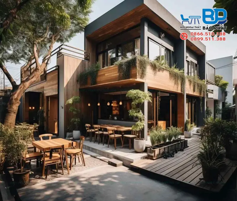 Thiết kế quán cafe 2 tầng kết hợp sân vườn xanh mát