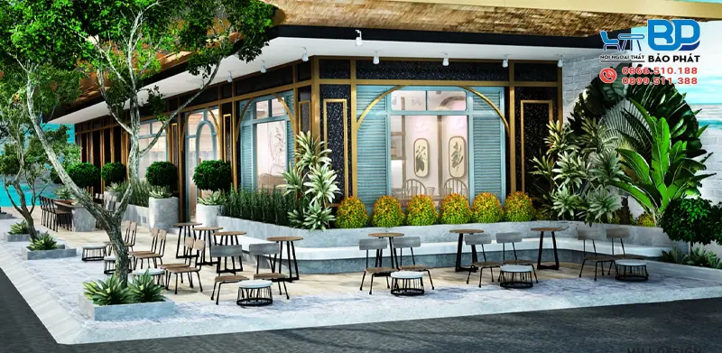 Thiết kế quán cafe mặt tiền 10m gần gũi thiên nhiên