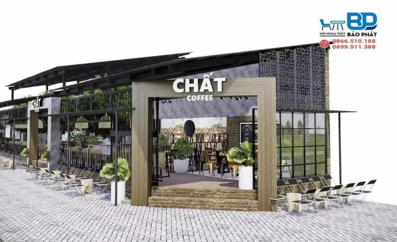 Thiết kế quán cafe mặt tiền 10m hiện đại tối giản