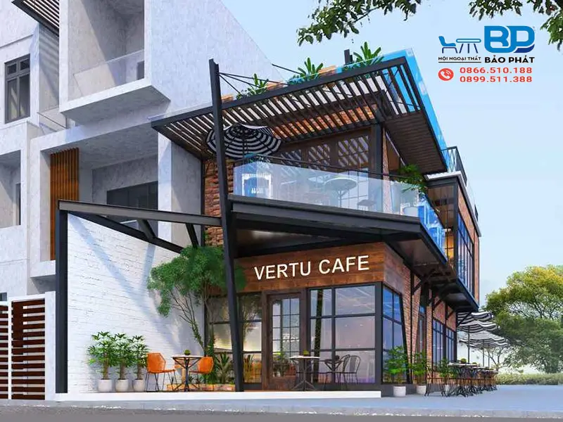 Thiết kế quán cafe mặt tiền 10m phong cách Industrial cá tính