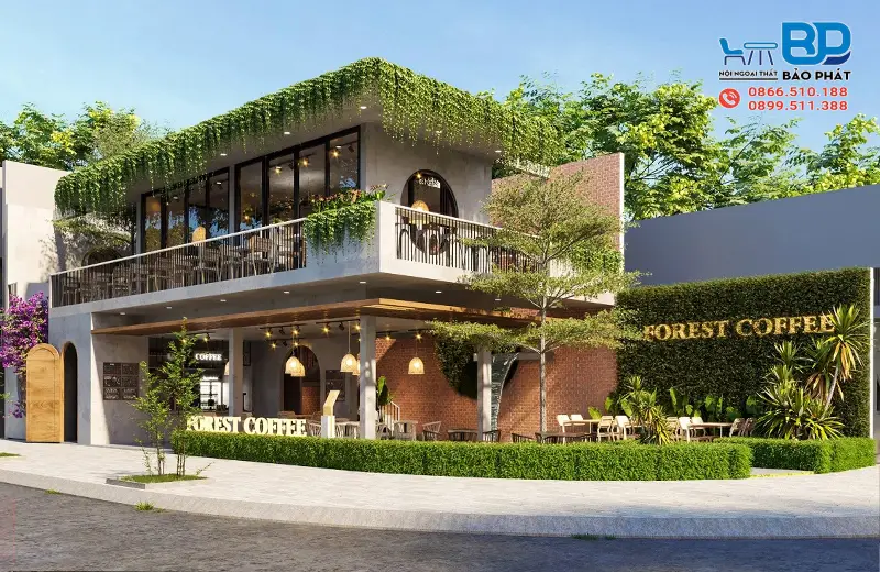 Thiết kế quán cafe mặt tiền 10m phong cách Tropical nhiệt đới