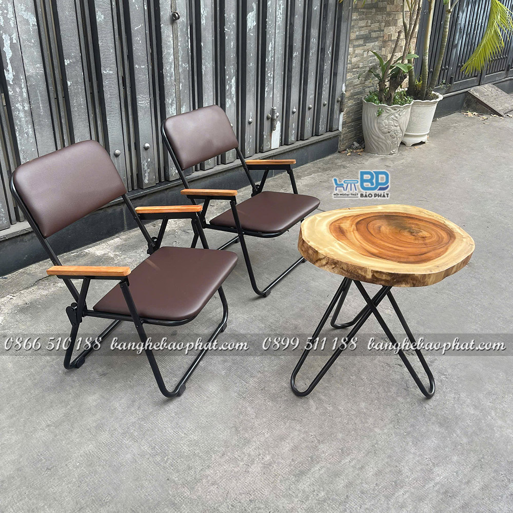 Bộ bàn ghế ban công xếp gọn khung sắt bọc nệm bàn me tây