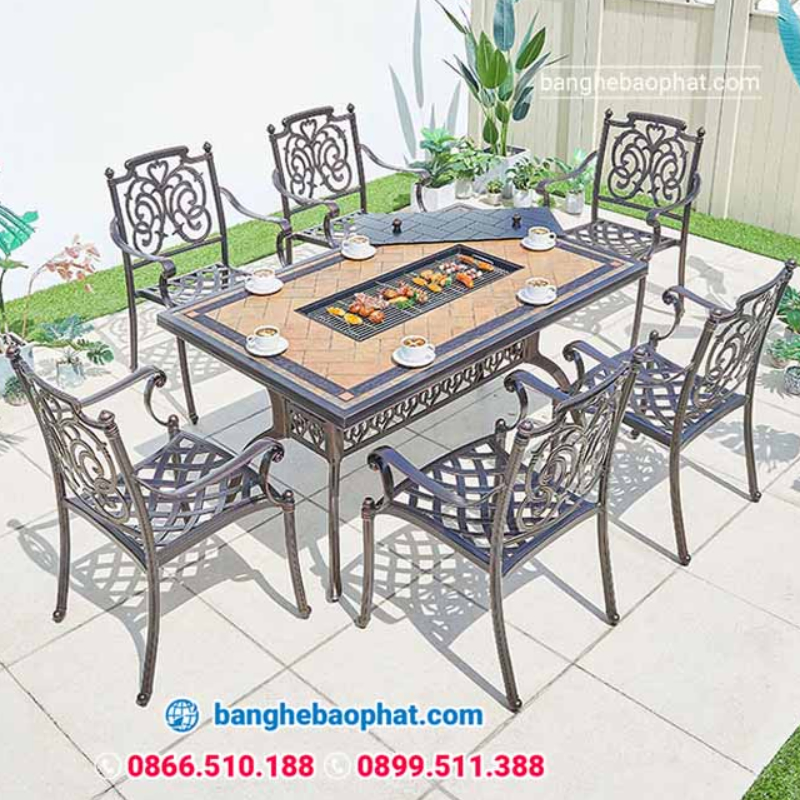 Bộ bàn ghế nhôm đúc ban công resort 6 ghế