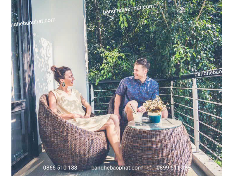 Bộ bàn ghế trứng mây nhựa ban công dây tròn tiêu chuẩn