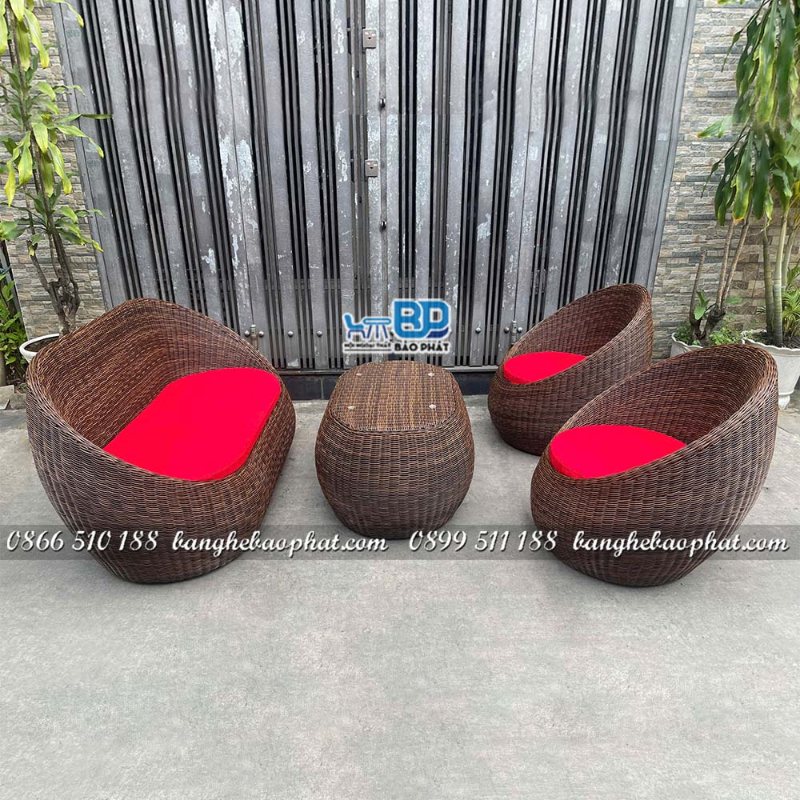 Bộ ghế trứng mây nhựa ban công kèm nệm đan dây tròn
