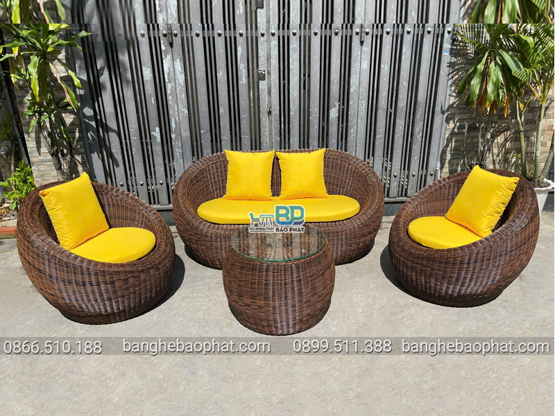 Bộ bàn ghế trứng ban công mây nhựa nệm dây tròn tay to