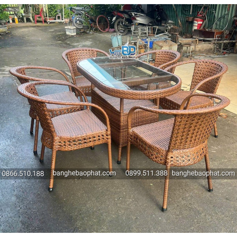 Bộ bàn ghế quán cơm giả mây đan mắt cáo