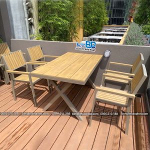Bàn Ghế Ngoài Trời Khung Nhôm Nan Gỗ Polywood AV11