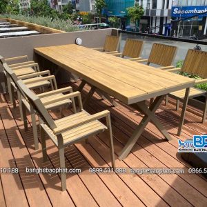 Bàn Ghế Ngoài Trời Khung Nhôm Nan Gỗ Polywood AV11 bafn 2m2