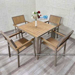 Bàn Ghế Ngoài Trời Khung Nhôm Nan Gỗ Polywood AV11 bàn 80 x 80 cm