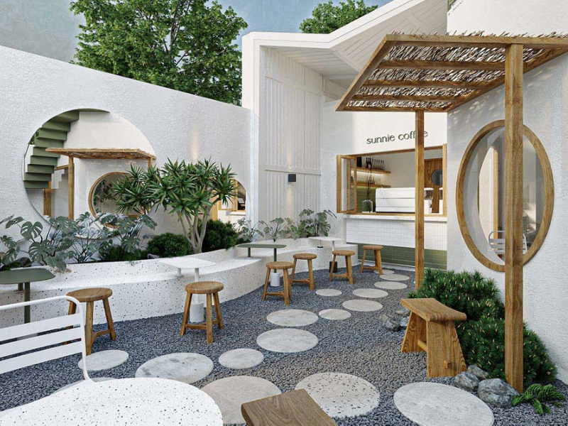 Thiết kế quán cafe sân vườn 100m2 phong cách Địa Trung Hải 