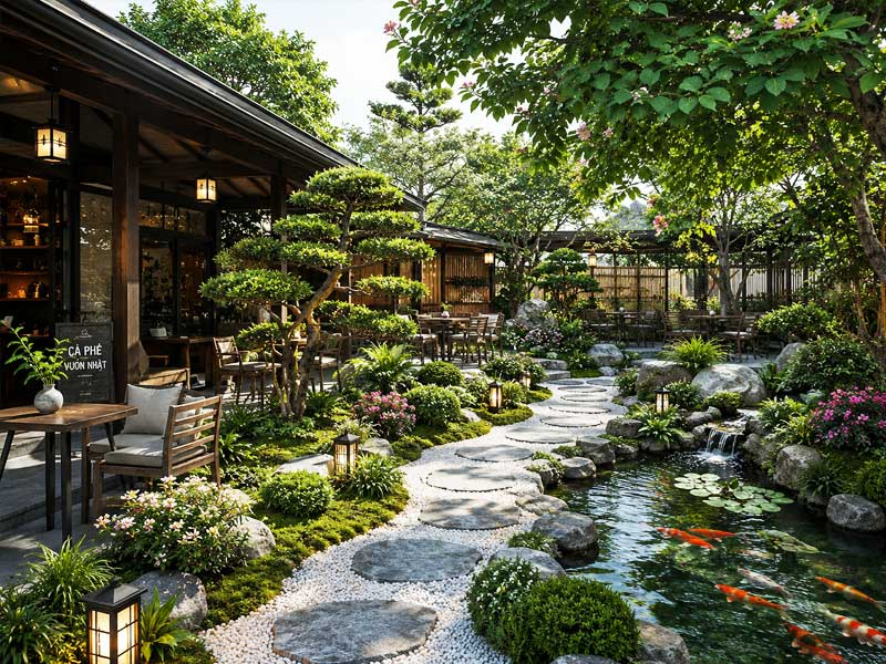 Mẫu thiết kế quán cafe sân vườn 100m2 phong cách Nhật Bản đẹp