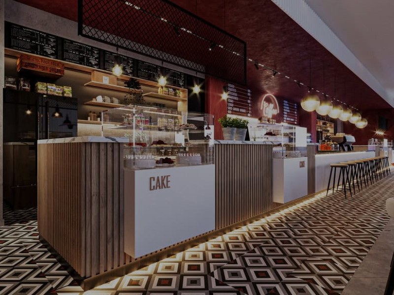Khu vực quầy bar pha chế và thu ngân quán cà phê 300m2
