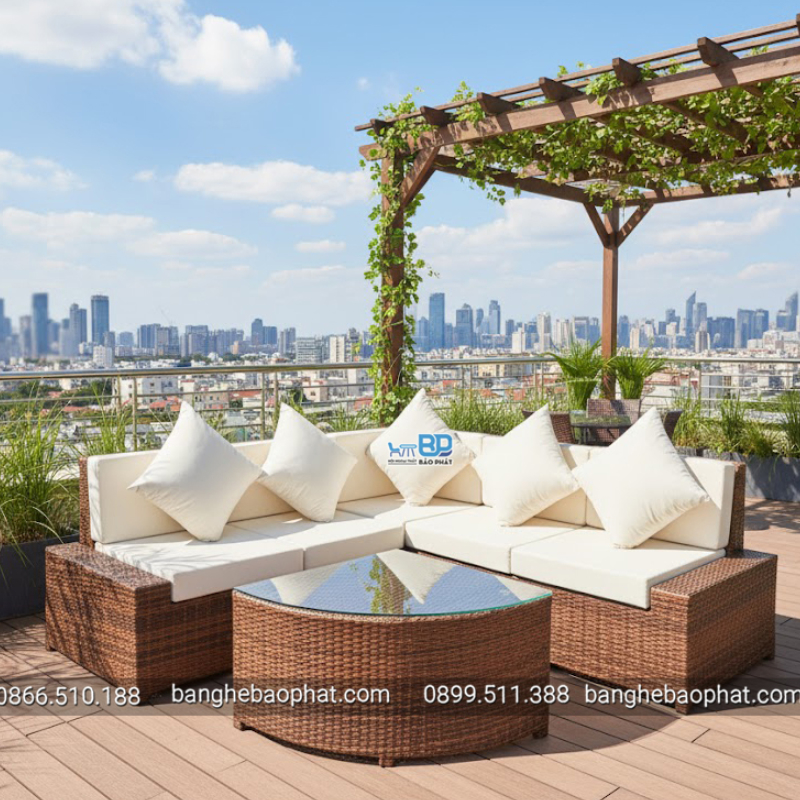 Sofa mây L nhựa ngoài trời dành cho Resort và Homestay