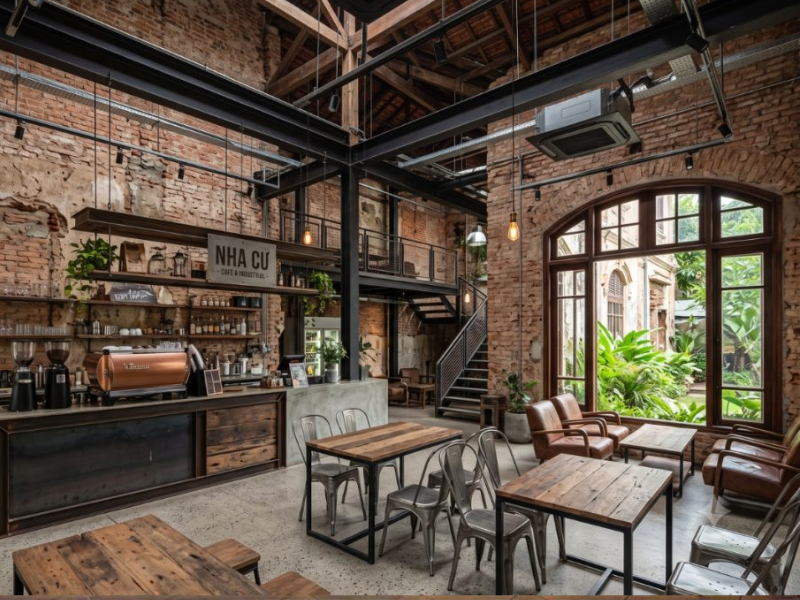 Mẫu thiết kế quán cafe 80m2 tường gạch thô kết hợp bàn gỗ chân sắt