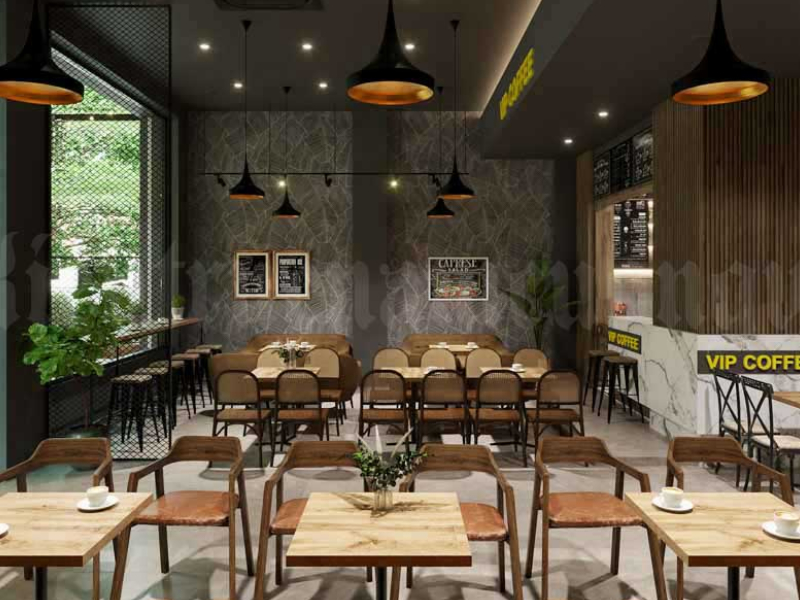 Mẫu quán cafe 80m2 không gian mở và ghế bọc nệm lưng mây tự nhiên