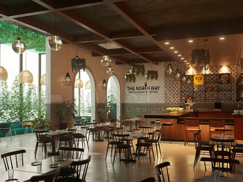 Mẫu thiết kế quán cafe 80m2 hiện đại với bàn và ghê gỗ mộc