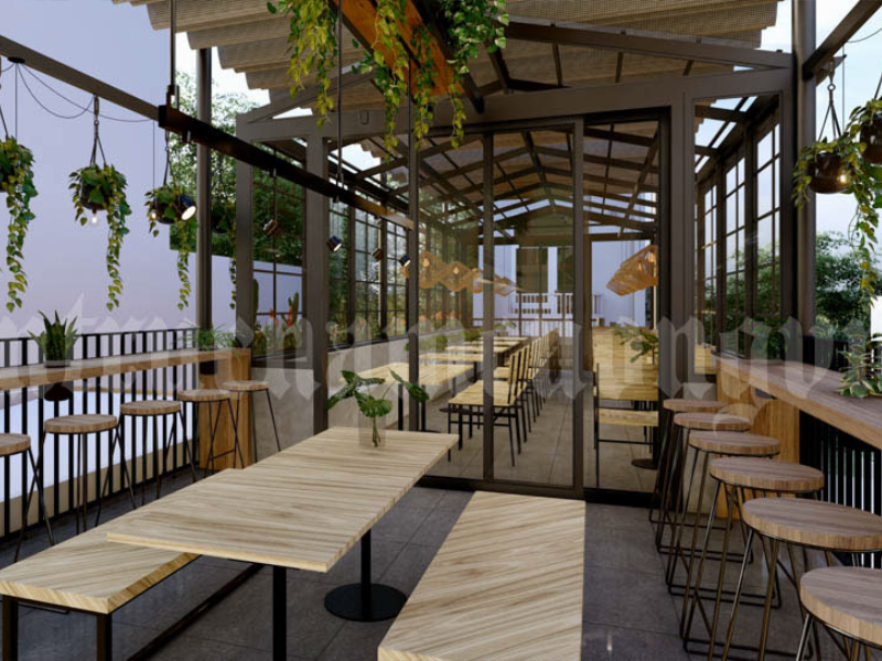 Mẫu thiết kế quán cafe sân thượng phong cách công nghiệp