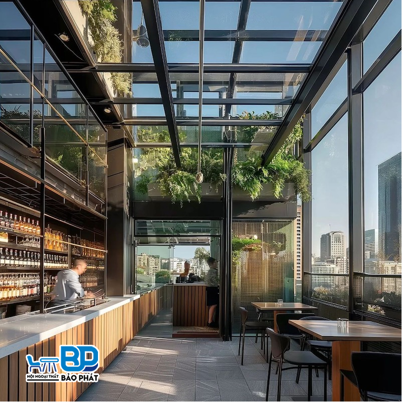 Mẫu thiết kế quán cafe sân thượng phong cách Industrial