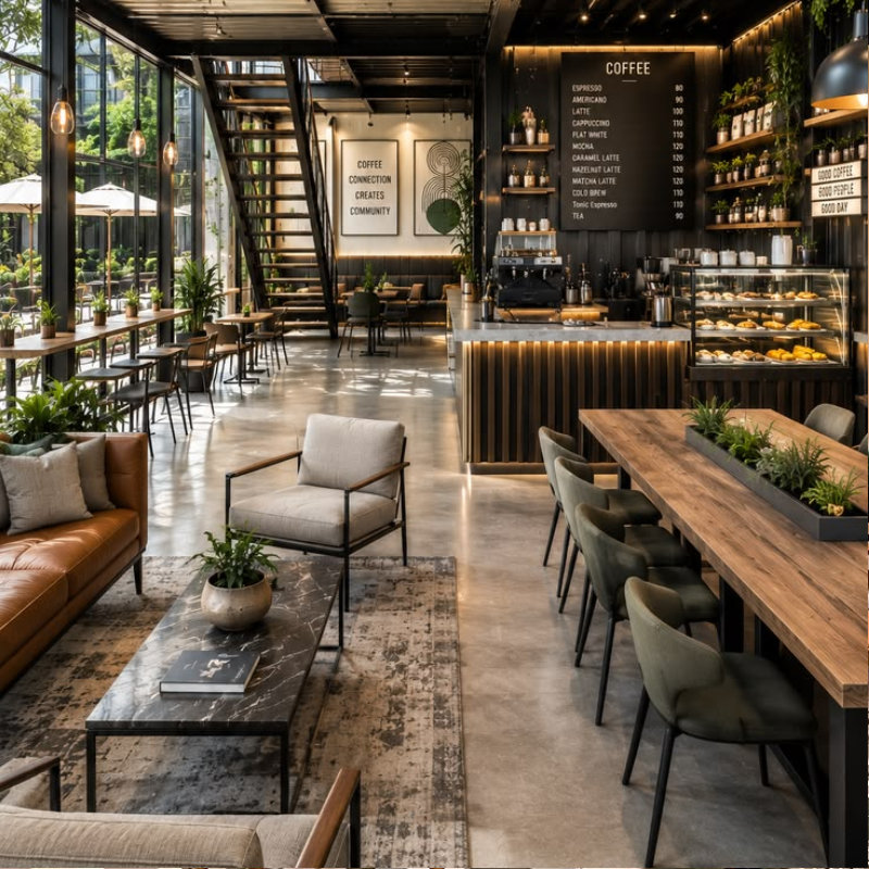 Bàn ghế cafe phòng lạnh phong cách công nghiệp