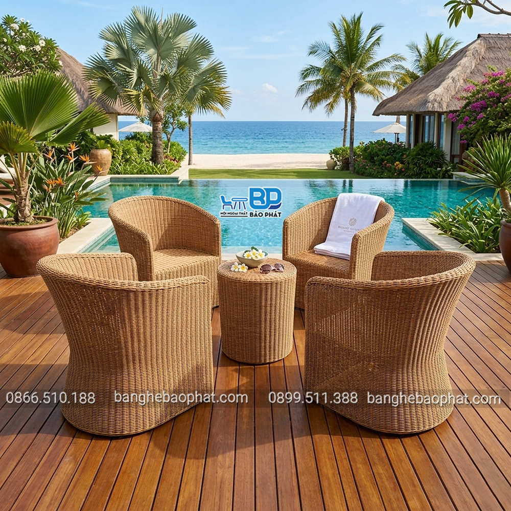 Bộ bàn ghế mây nhựa ban công resort BGNGMBP094