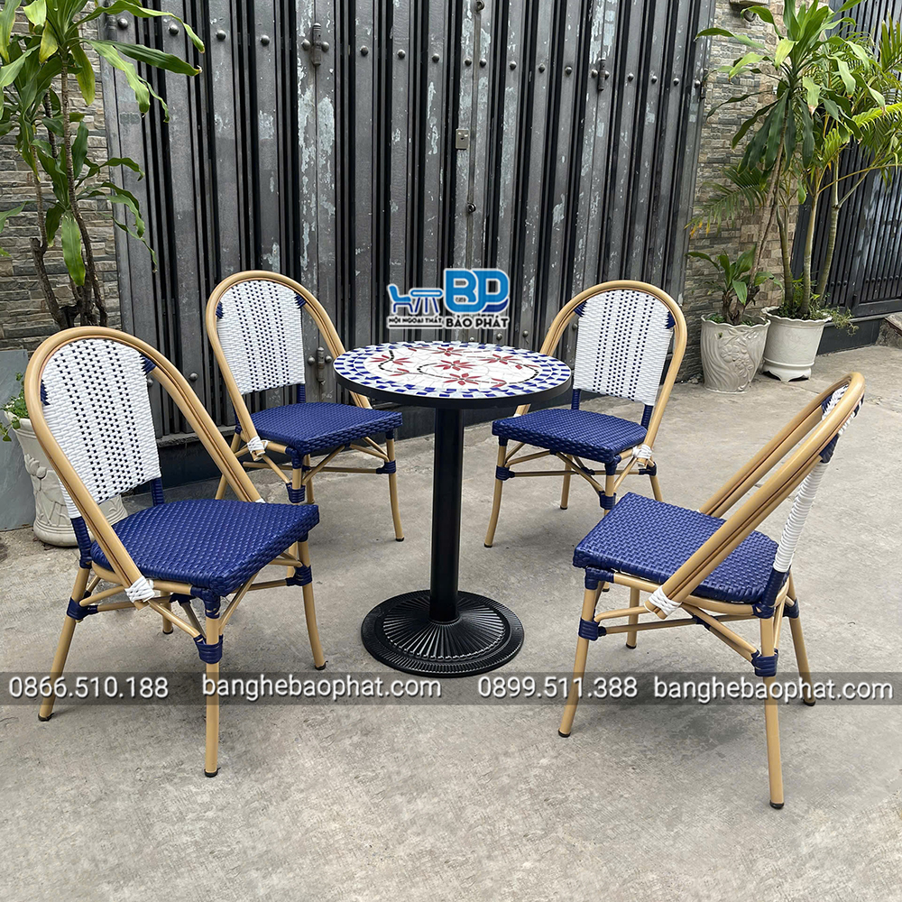 Bộ bàn ghế nhựa giả mây khung nhôm bàn mặt đá Mosaic