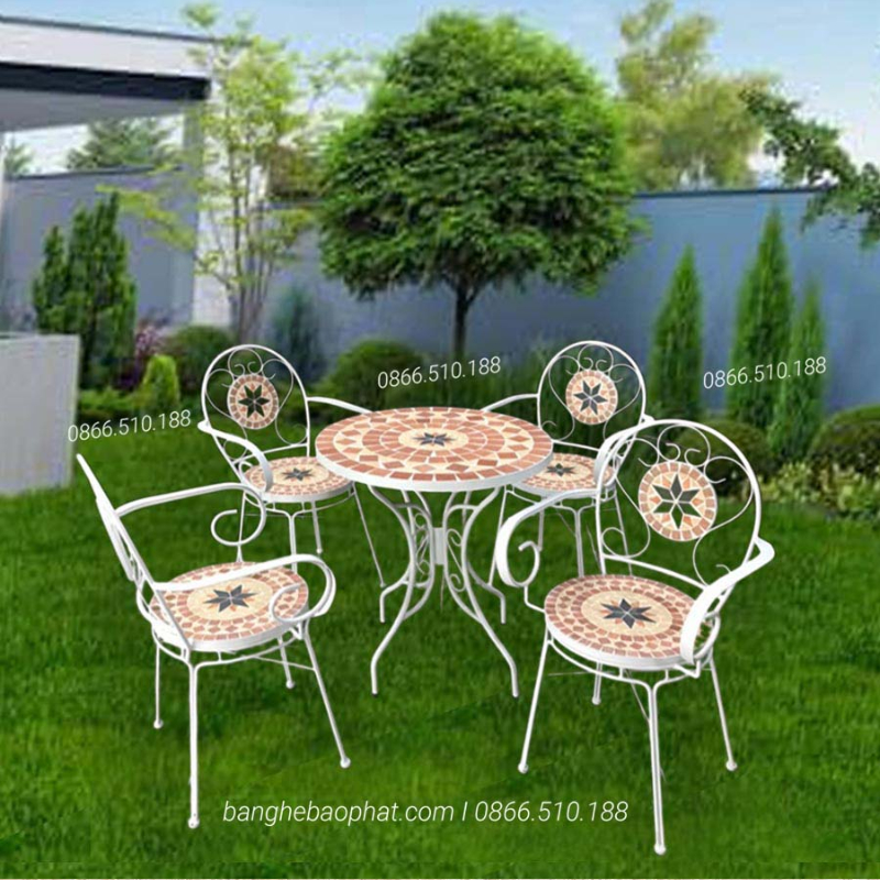 Ghế sắt tròn mặt ngồi đá mosaic BP001
