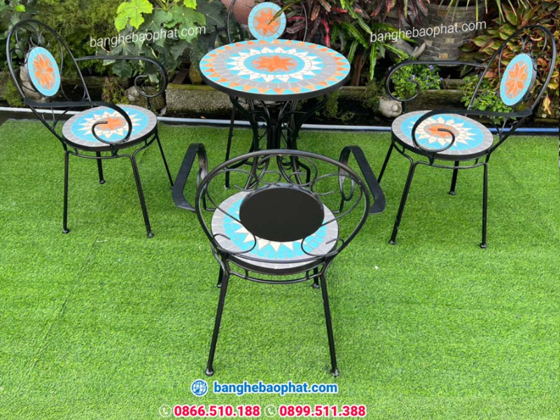 Ghế sắt tròn mặt đá mosaic BP005