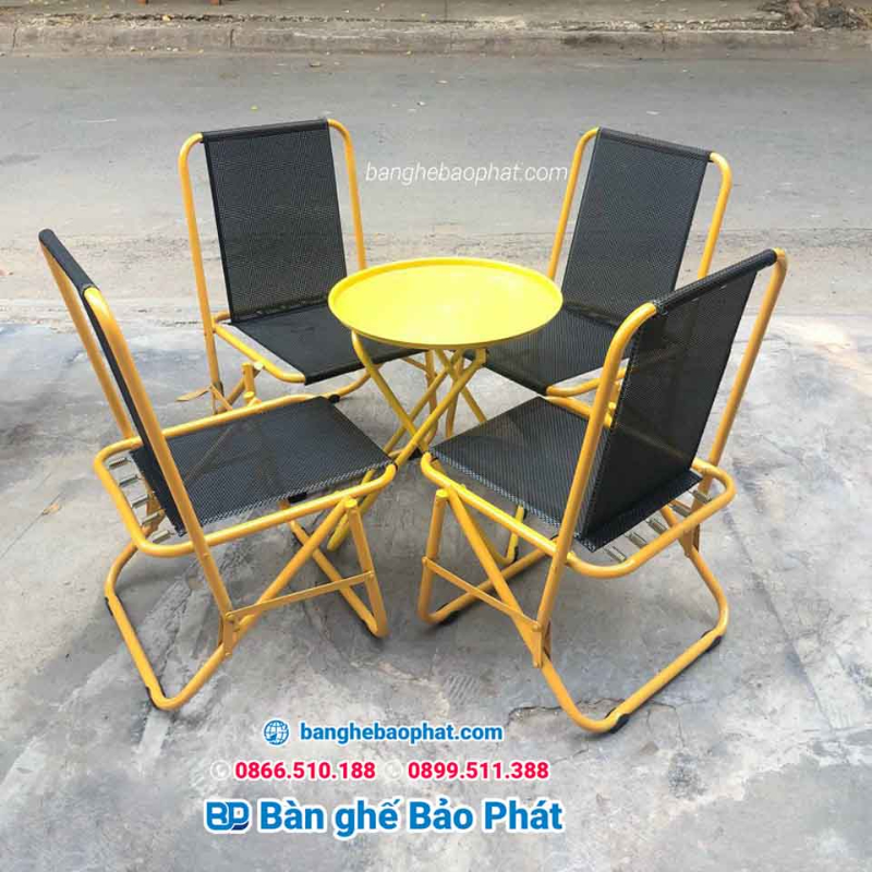 Ghế xếp cafe màu vàng lưng thấp khung sắt lưới lò xo chịu lực 120kg