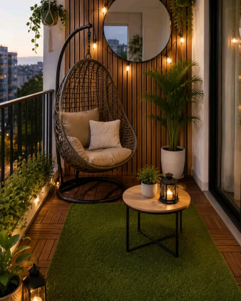 Decor ban công theo phong cách Bistro từ xích đu mây nhựa + bàn gỗ