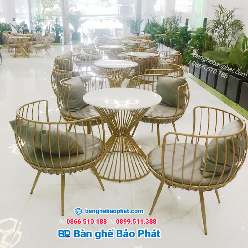 Bộ sofa cafe màu vàng khung sắt SFCFBP025 nệm da cao cấp êm ái