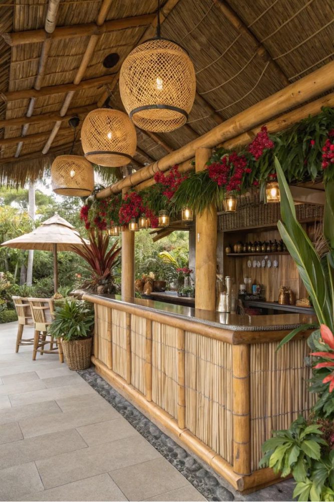 Mẫu thiết kế quán cafe bằng tre kết hợp quầy bar phong cách nghỉ dưỡng