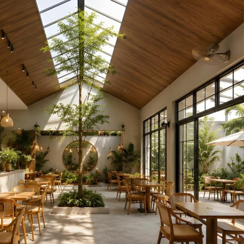 Thiết kế quán cafe bằng tre kết hợp kính hiện đại