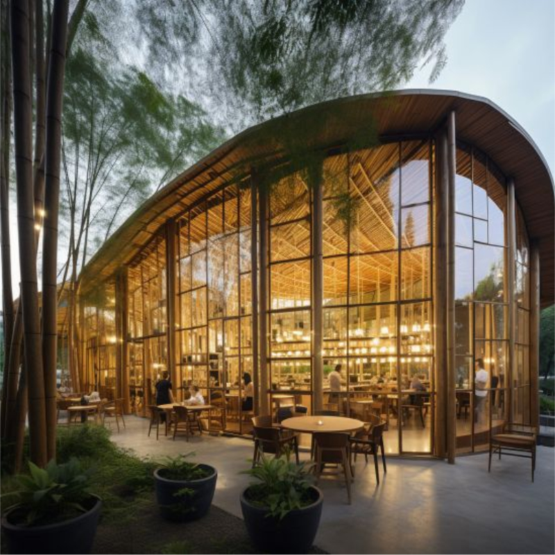 Quán cafe bằng tre kết hợp kính hiện đại